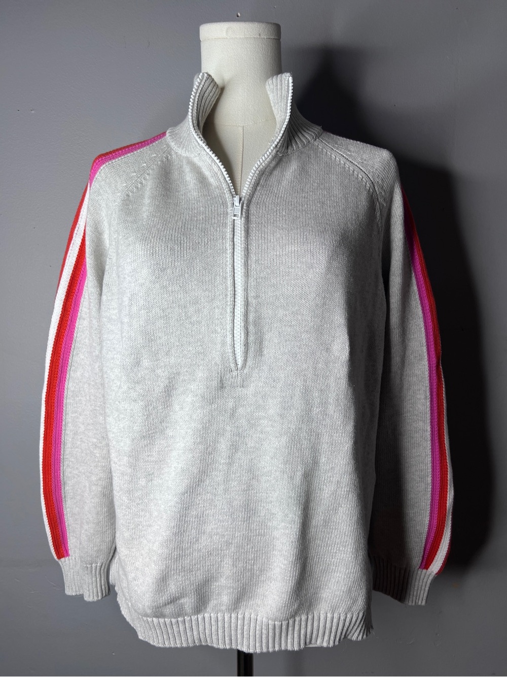 Pink Pineapple Shop Half-Zip Sweater with Pink,Red, and White Stripe Sleeves